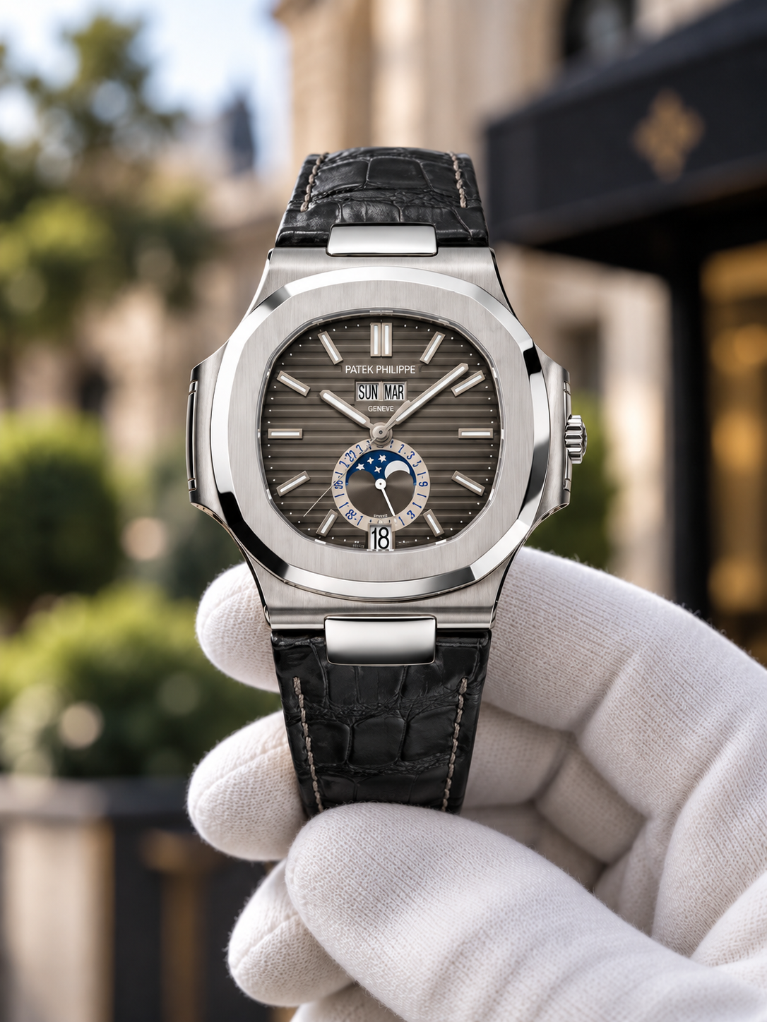 Patek Philippe Nautilus Annual Calendar Moon Phases 5726A-001 – Black Alligator Strap