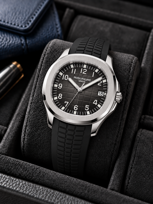Aquanaut-inspired black dial and matching strap, presentation view