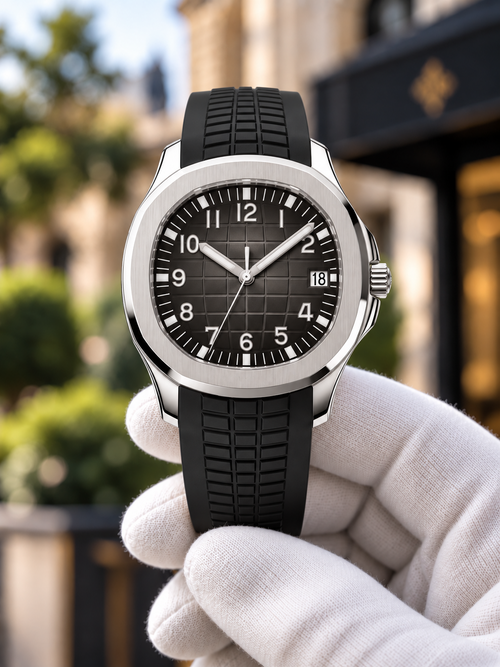 Aquanaut-inspired black dial and matching strap, hand-held view