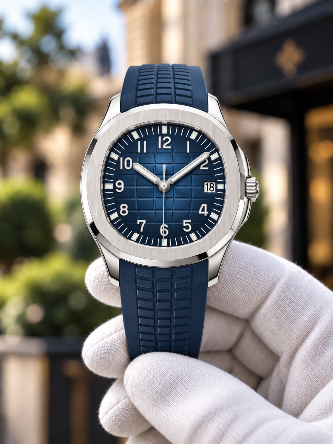 Aquanaut-inspired blue dial and matching strap, hand-held view