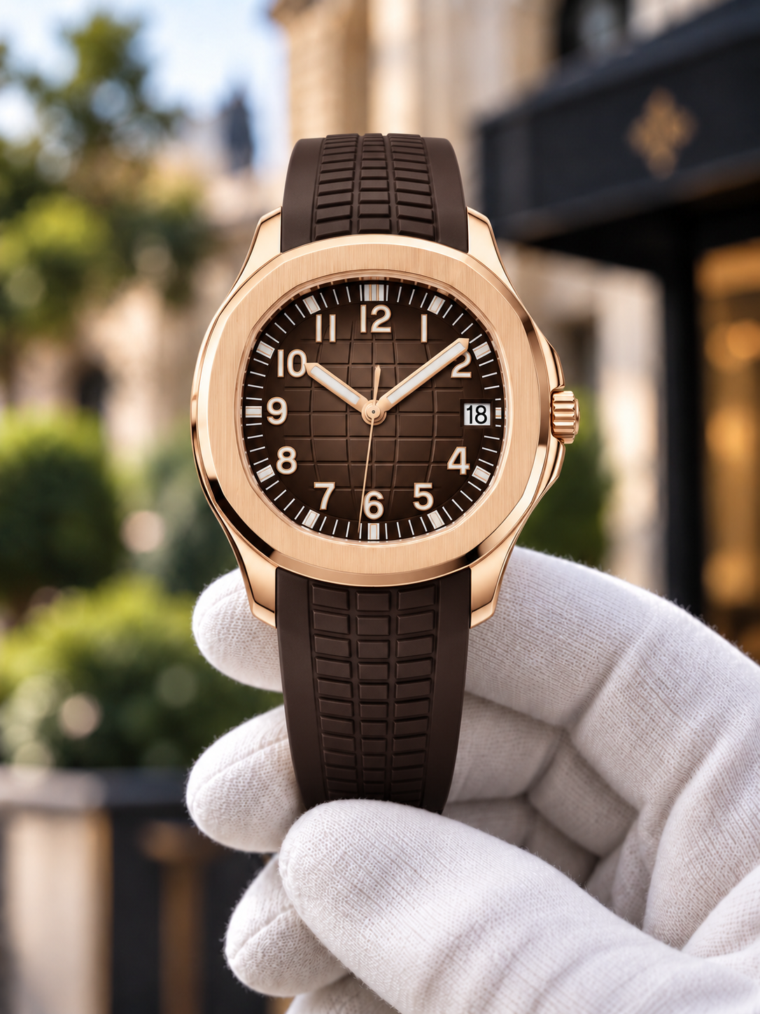 Aquanaut-inspired brown dial and matching strap, hand-held view