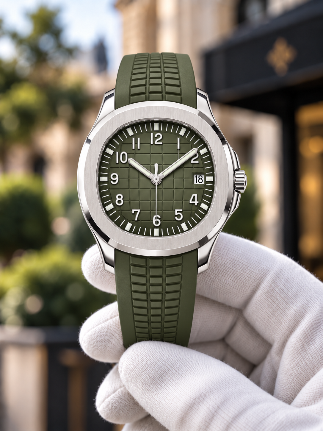Aquanaut-inspired green dial and matching strap, hand-held view