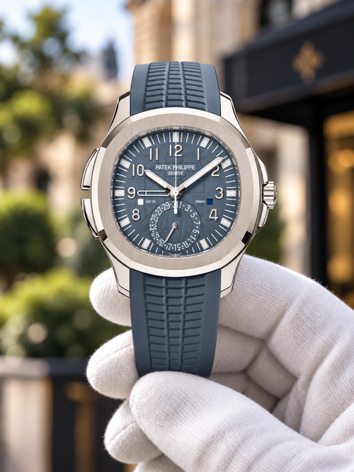Aquanaut-inspired Blue-Grey Travel Time held in a white glove