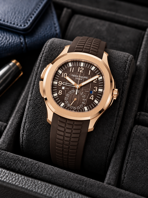 Aquanaut-inspired Brown Travel Time on presentation cushion