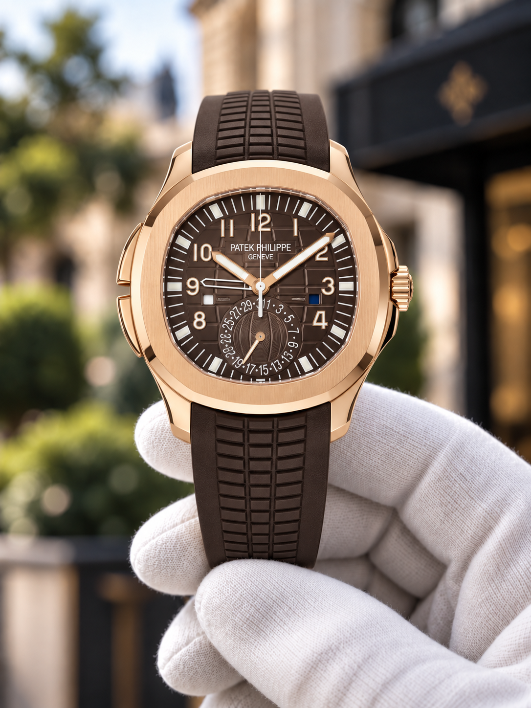 Aquanaut-inspired Brown Travel Time held in a white glove