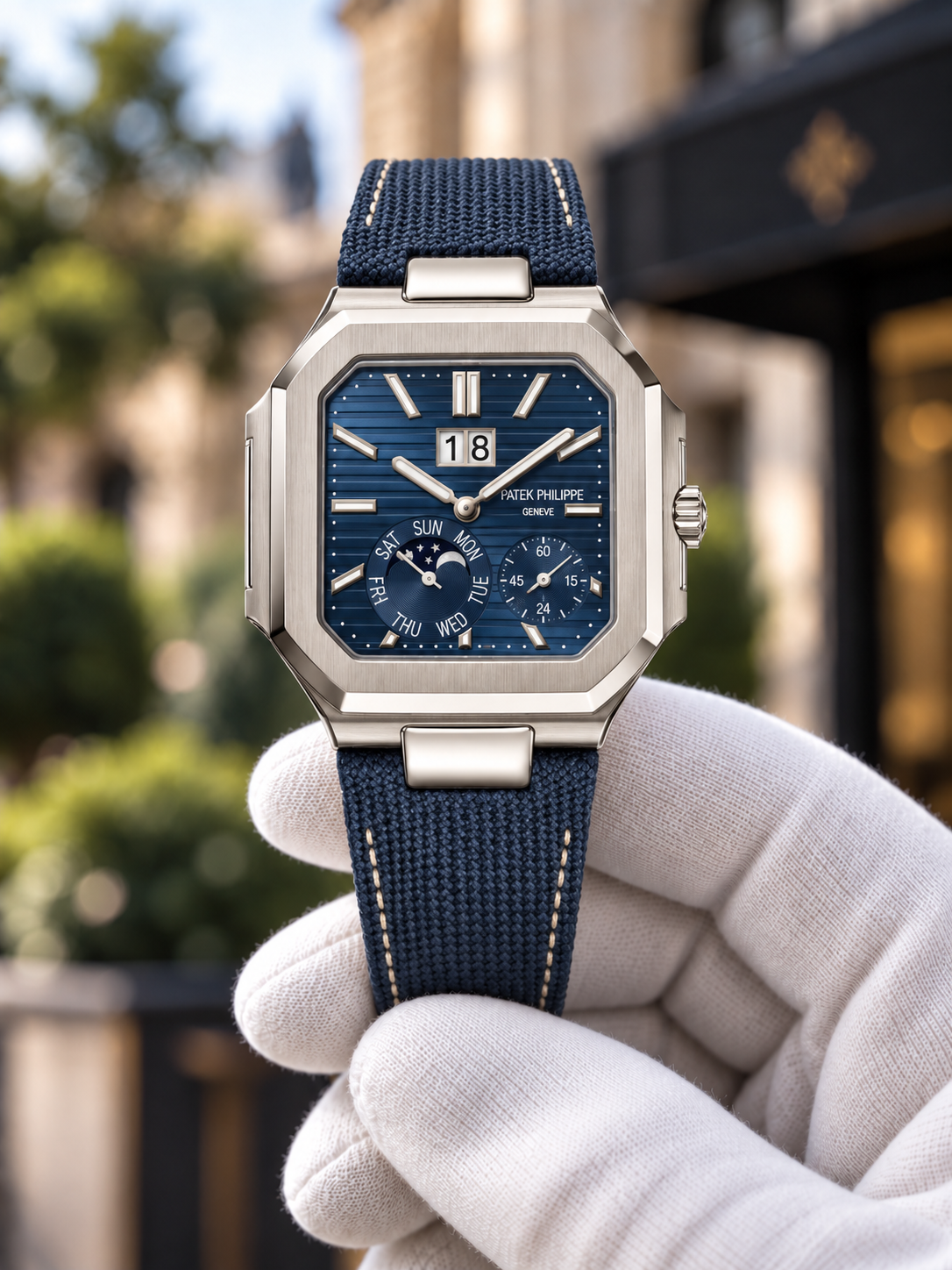 Platinum-tone Cubitus-inspired grand date with blue dial and navy strap, hand-held view
