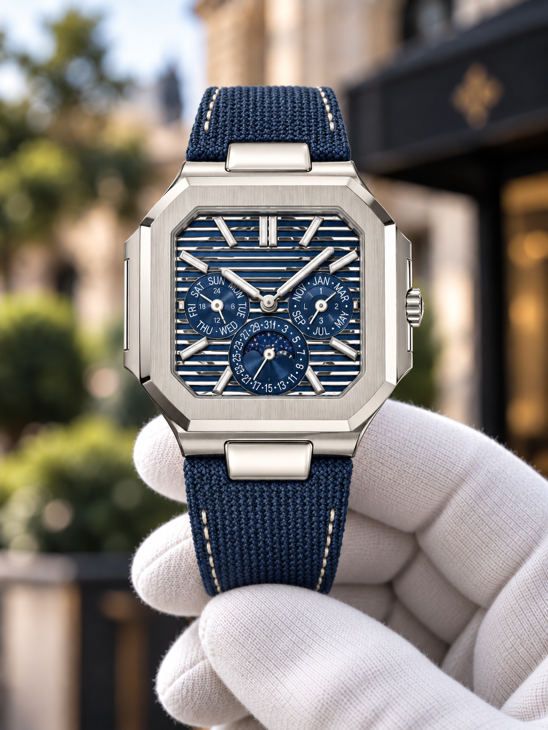 Platinum-tone Cubitus-inspired skeleton perpetual calendar with blue openworked dial, hand-held view