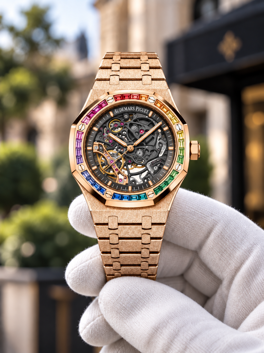 Frosted openworked Royal Oak pink gold rainbow bezel front view