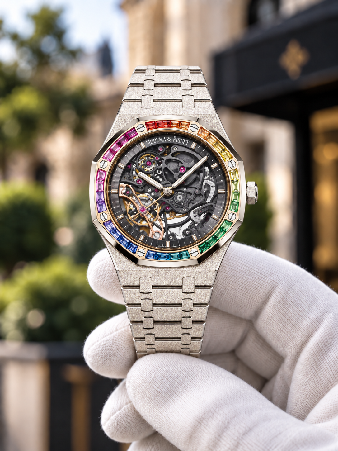 Frosted openworked Royal Oak white gold rainbow bezel front view