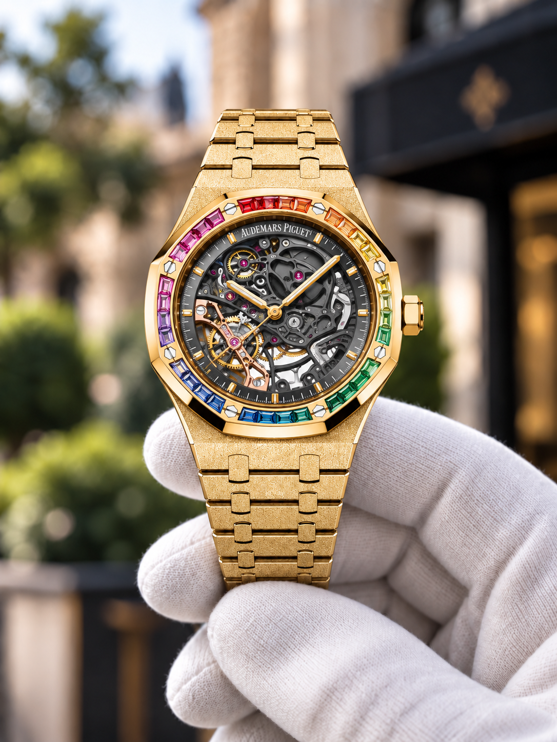 Frosted openworked Royal Oak yellow gold rainbow bezel front view