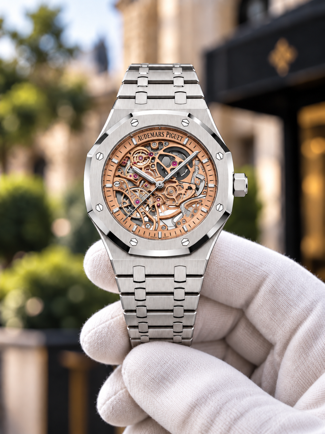 Royal Oak openworked steel and rose gold front view