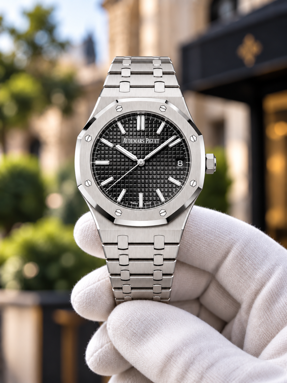 Royal Oak-inspired steel watch with black textured dial, front view