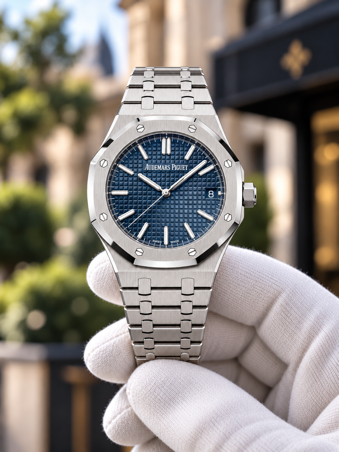 Royal Oak-inspired steel watch with blue textured dial, front view