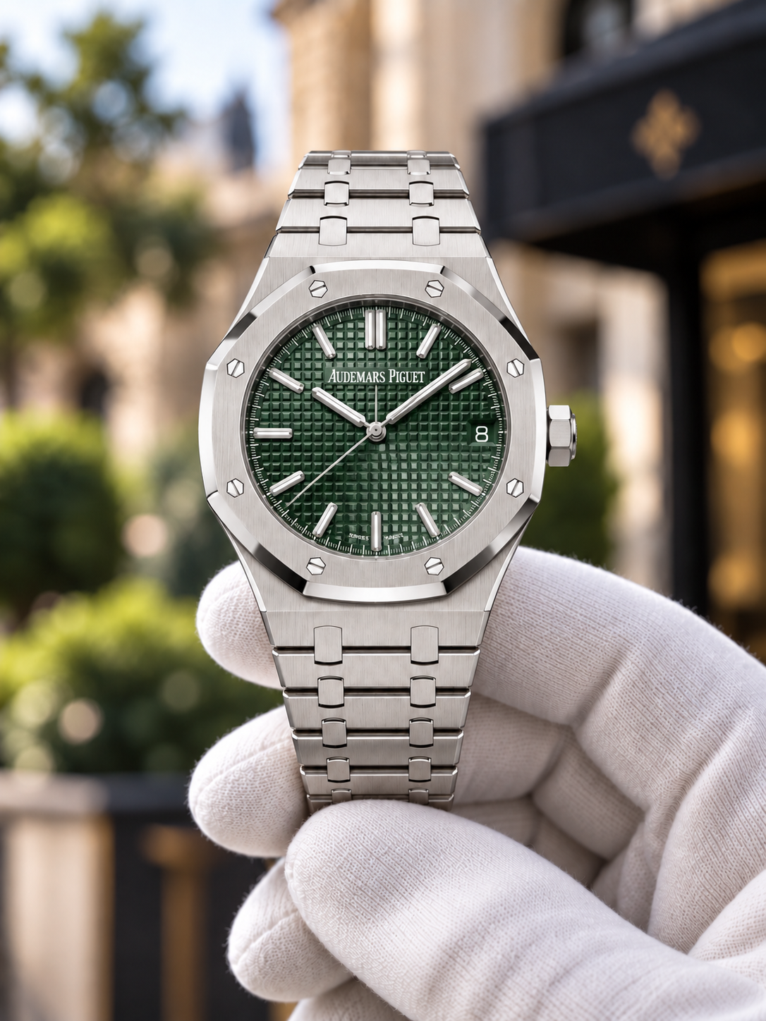 Royal Oak-inspired steel watch with green textured dial, front view