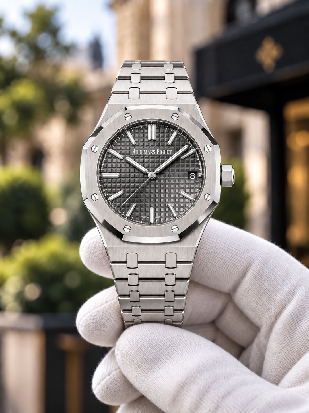 Royal Oak-inspired steel watch with grey textured dial, front view
