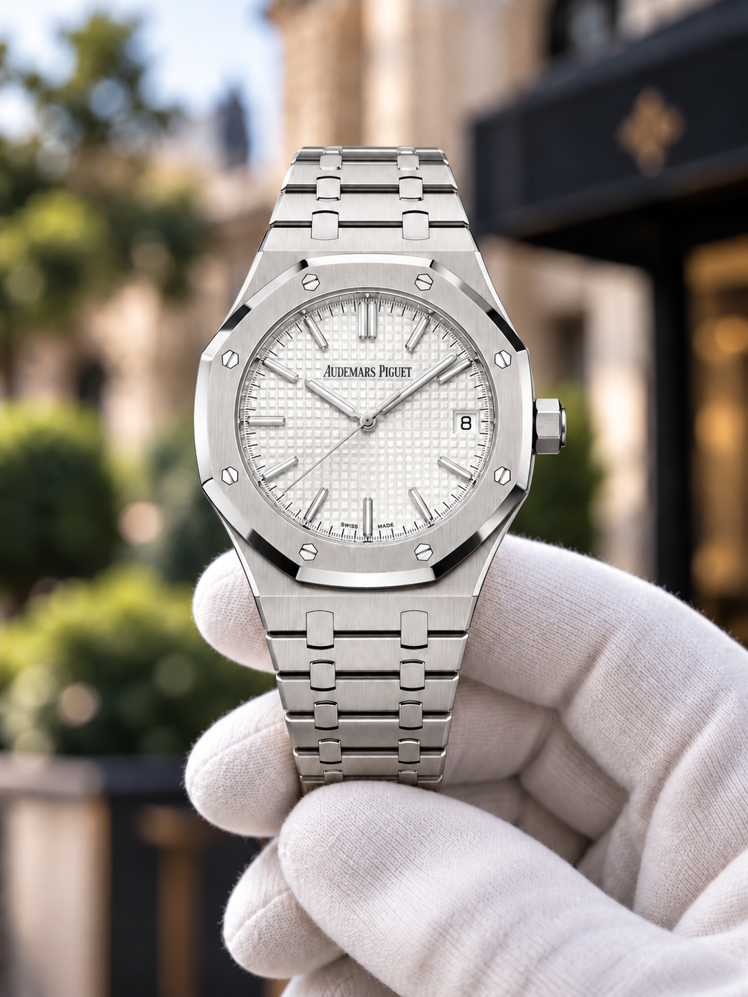 Royal Oak-inspired steel watch with silver textured dial, front view