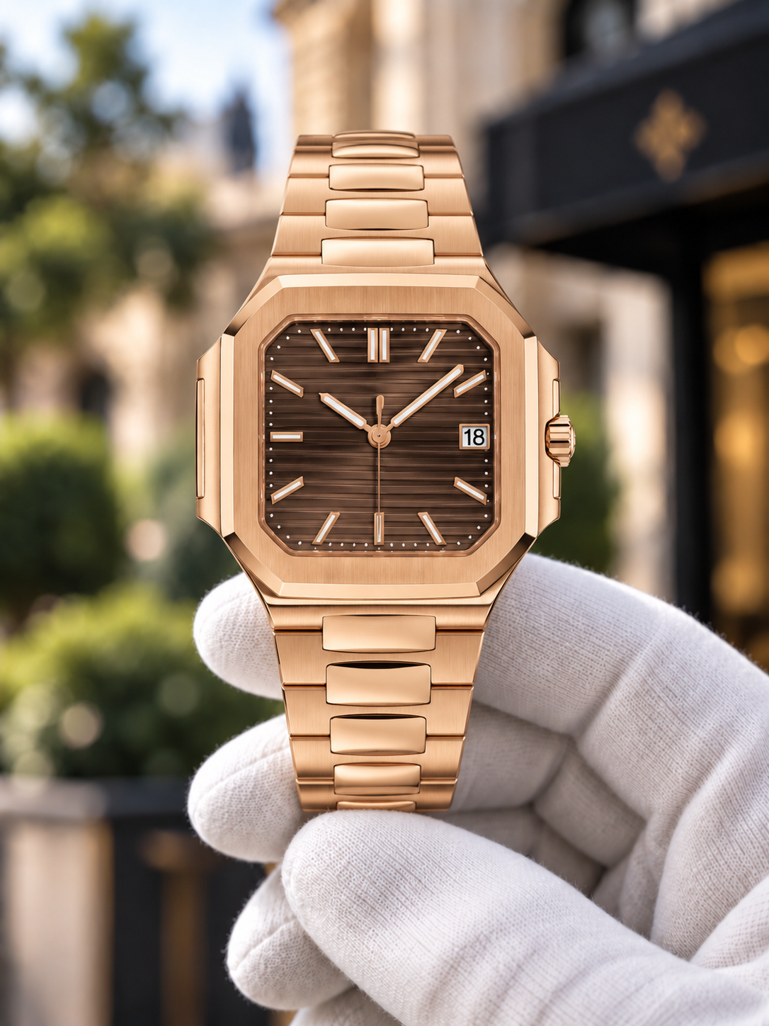 Rose Gold / Brown Cubitus-inspired watch held in white glove