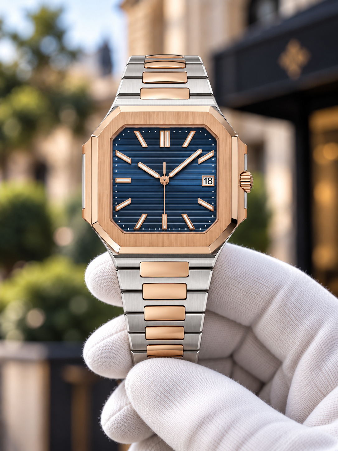 Rose Gold & Steel / Blue Cubitus-inspired watch held in white glove