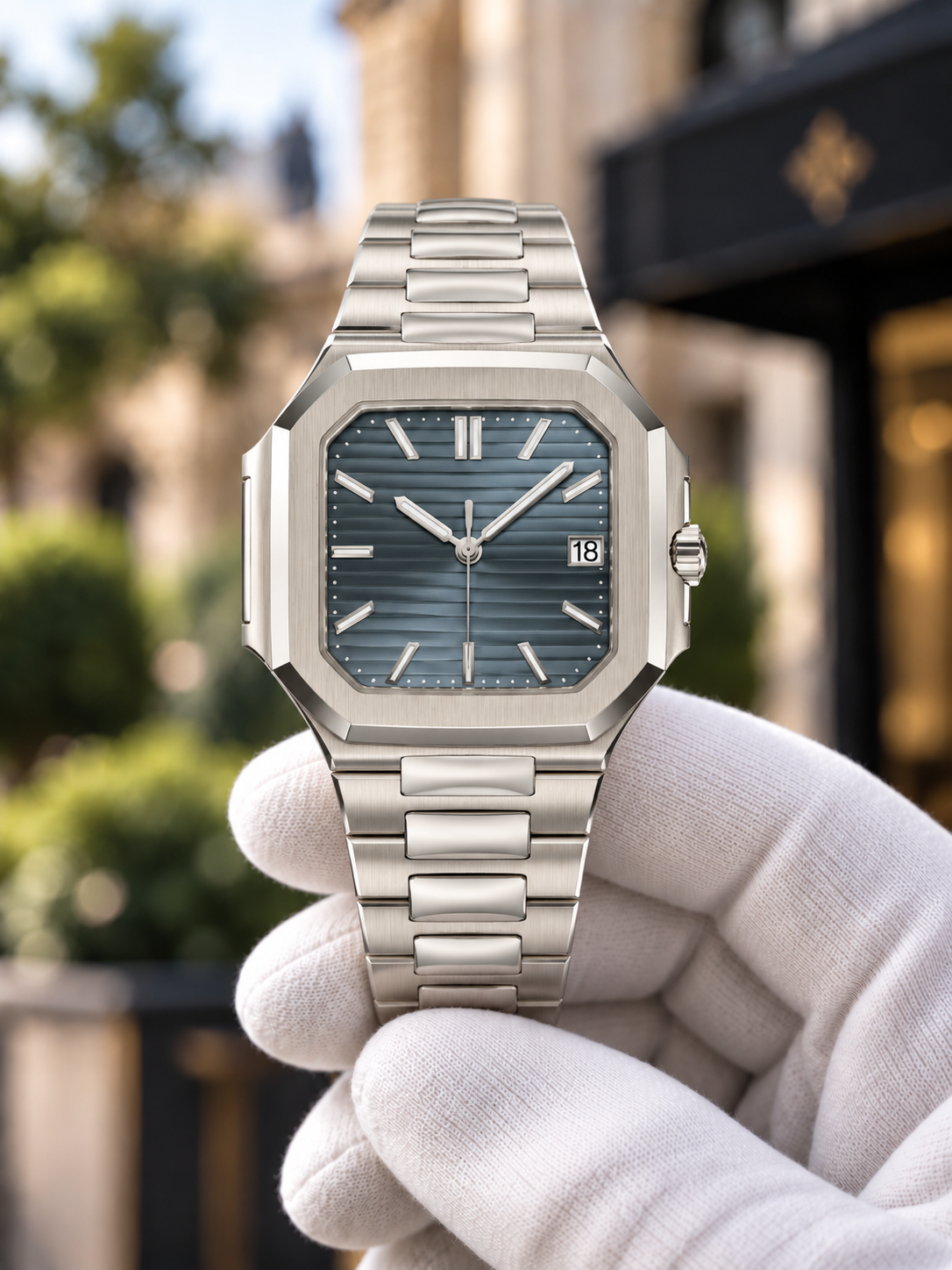 White Gold / Blue-Grey Cubitus-inspired watch held in white glove