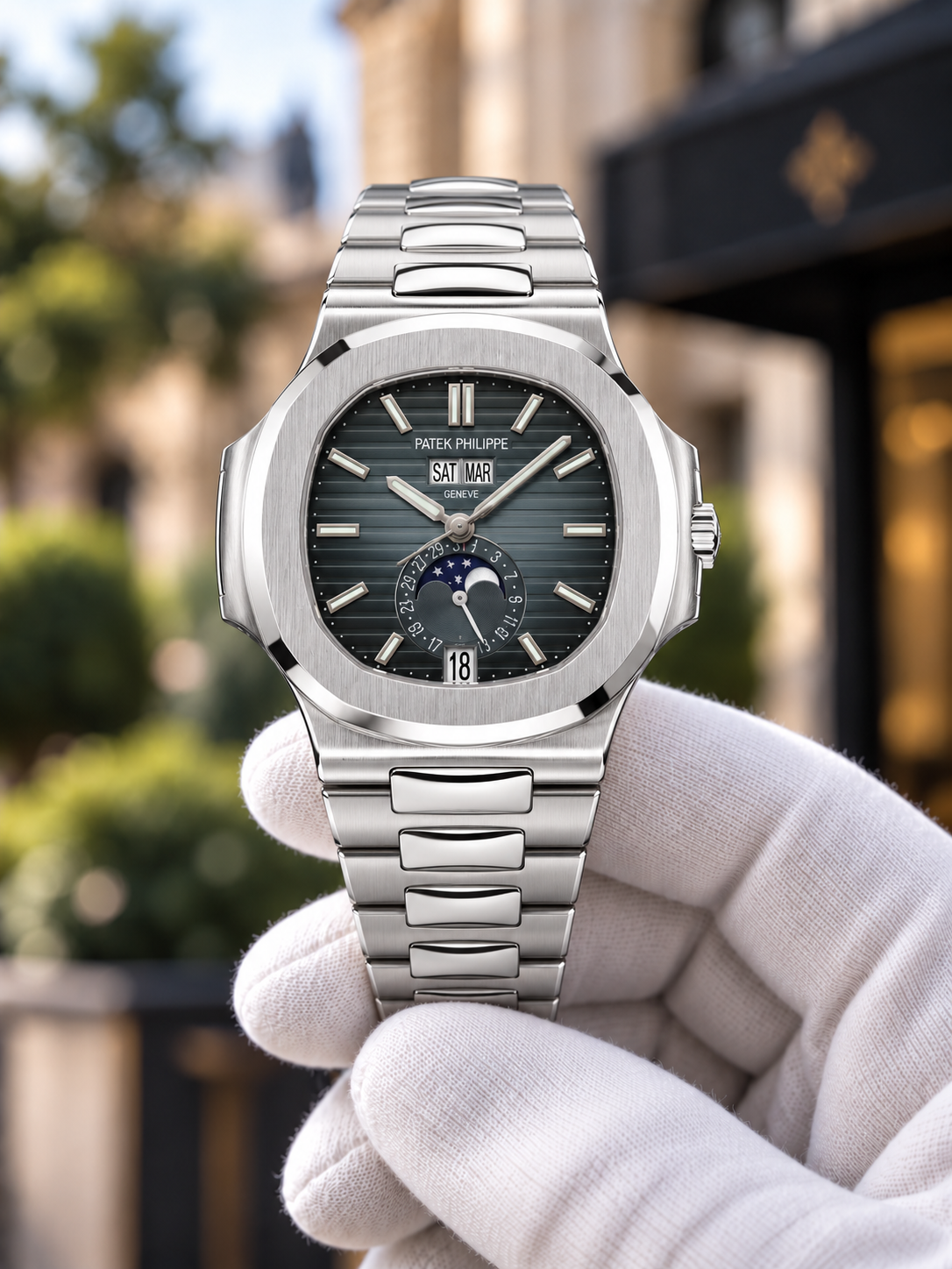 Steel / Grey-Green Dial Nautilus-inspired watch, held in white glove