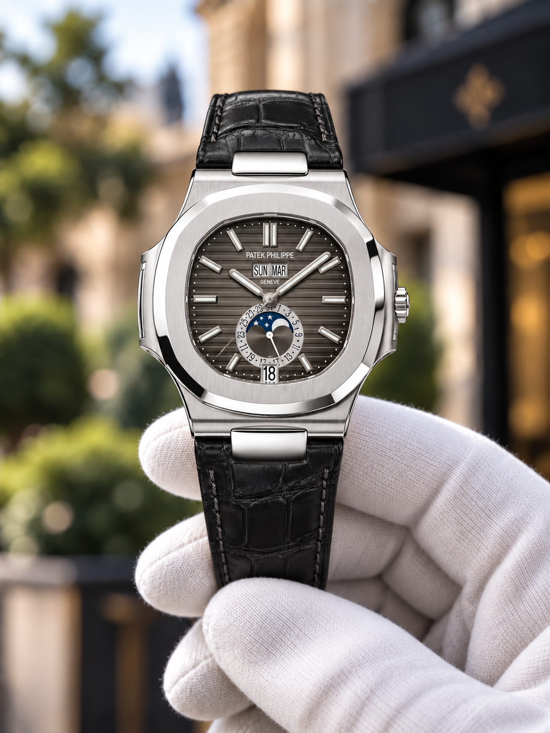 Steel / Grey Dial Nautilus-inspired watch, held in white glove