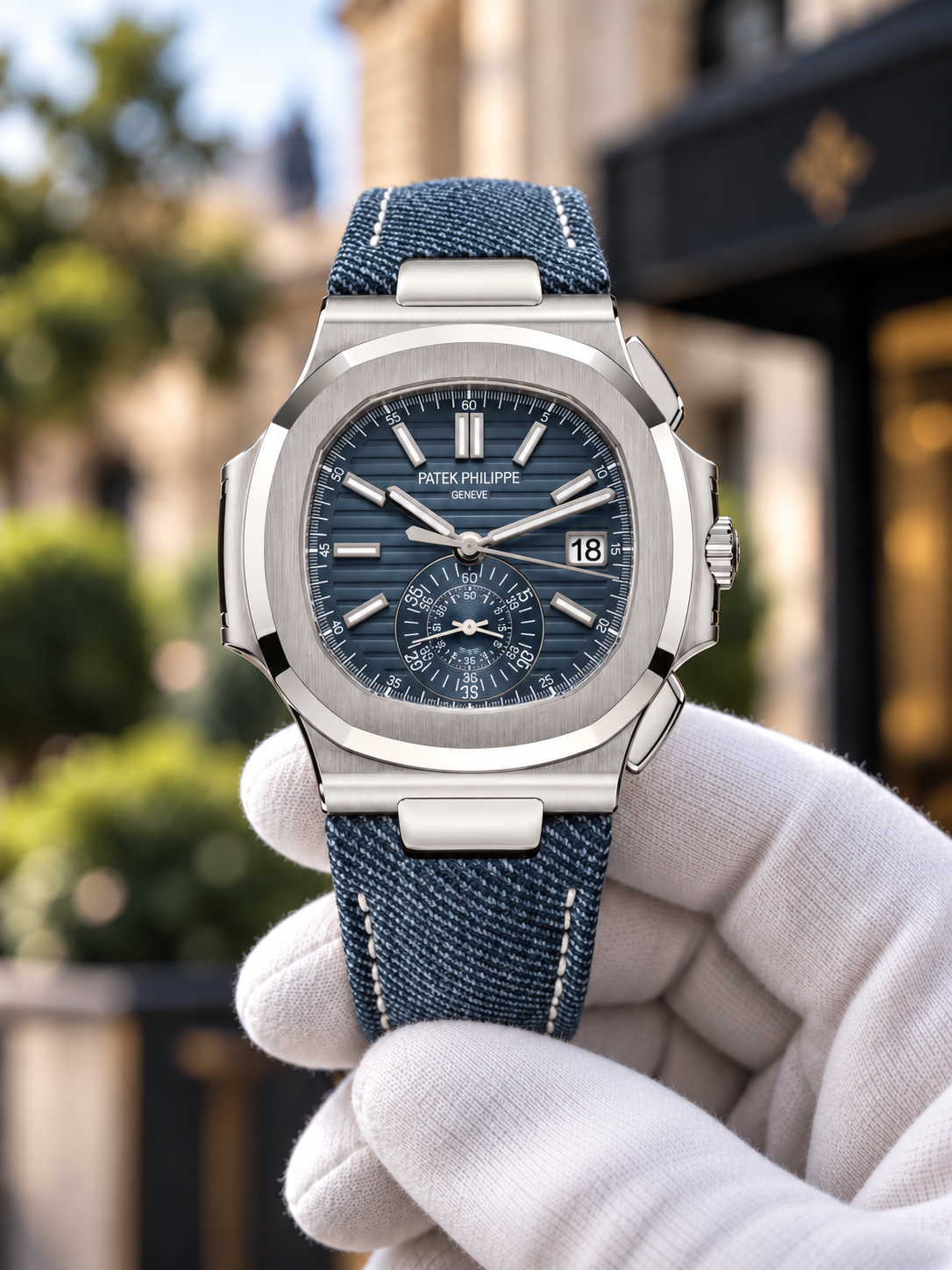 White Gold / Blue-Grey Nautilus-inspired watch held in white glove