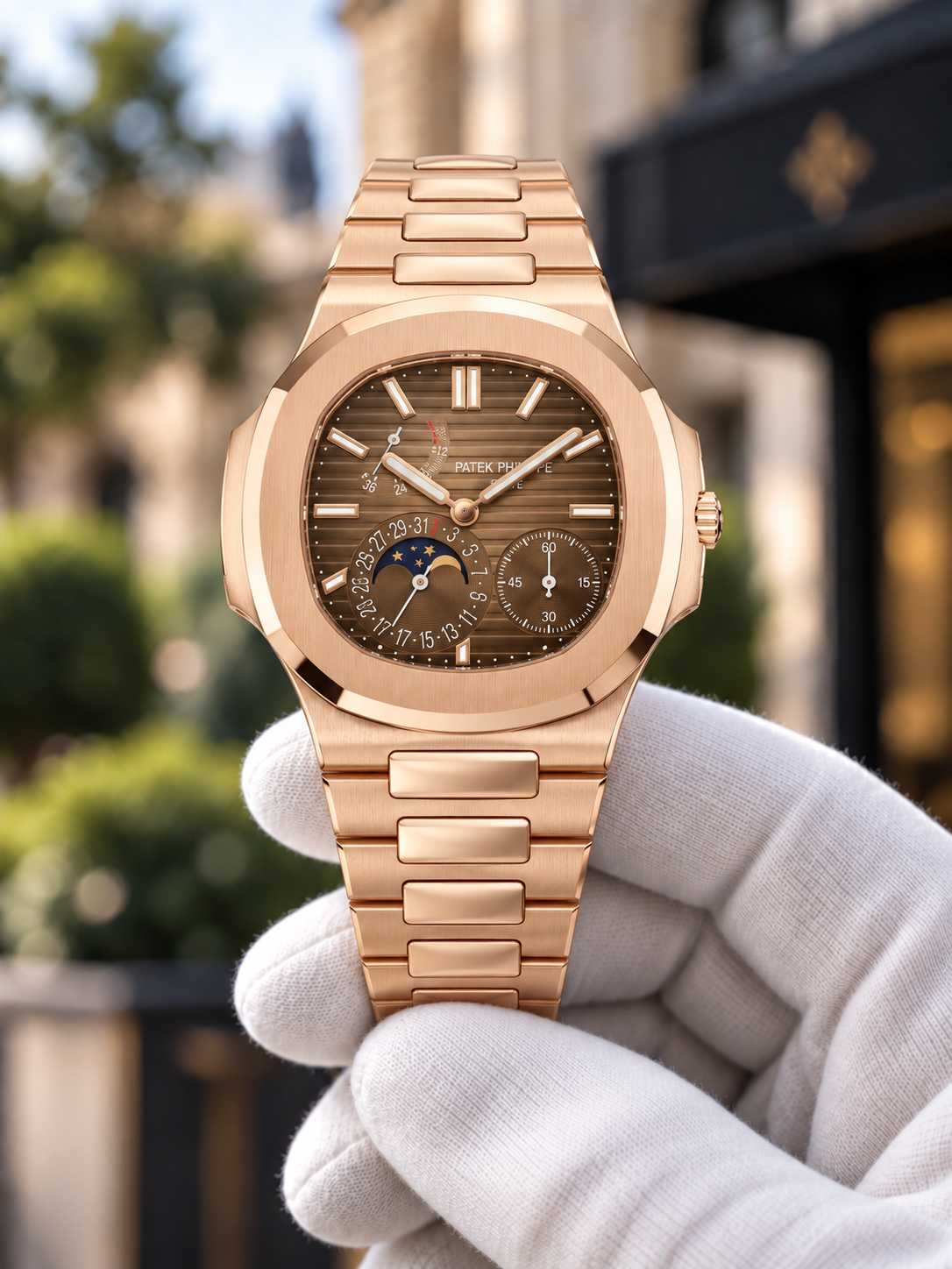 Rose-gold-tone Nautilus-inspired moon-phase watch held in white glove