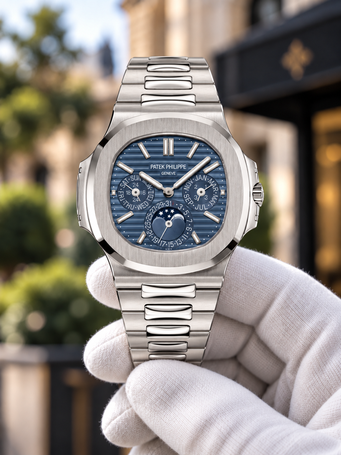 White Gold / Blue Nautilus-inspired watch held in white glove