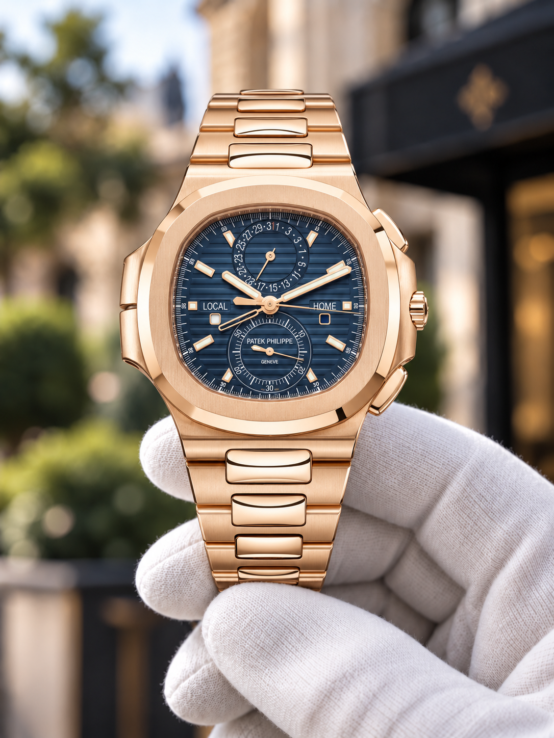 Rose Gold / Blue Nautilus-inspired watch held in white glove