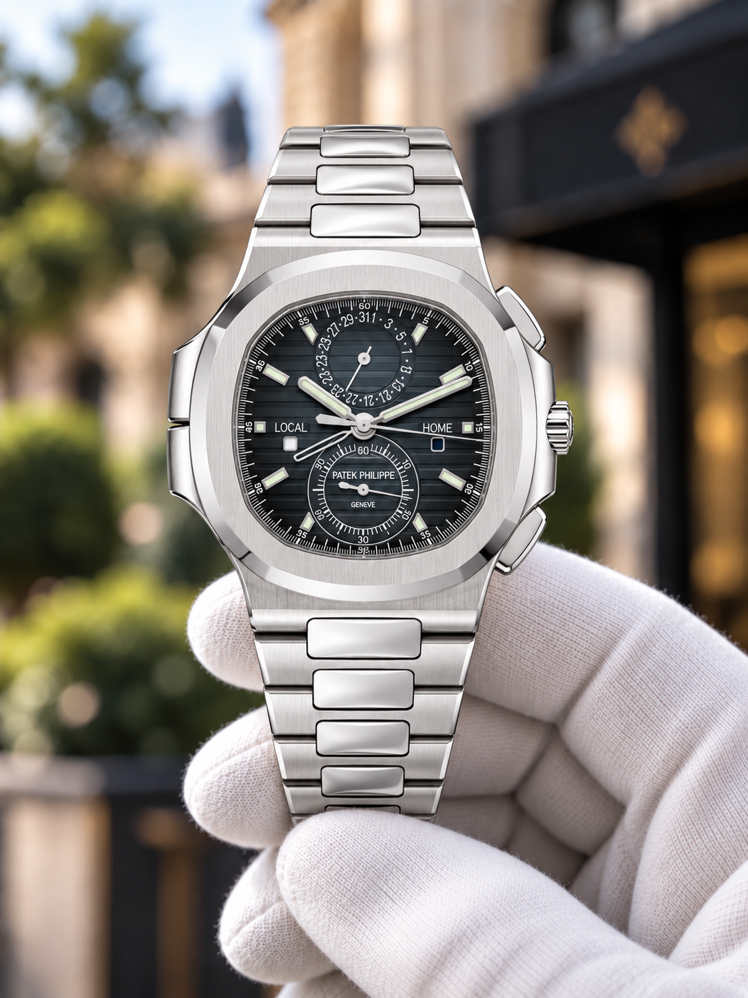 Steel / Grey-Black Nautilus-inspired watch held in white glove