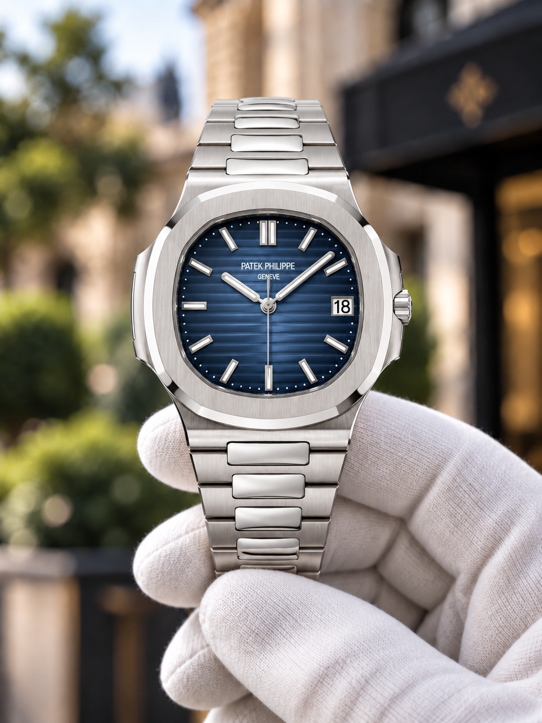 White Metal / Blue Dial Nautilus-inspired watch, held in white glove