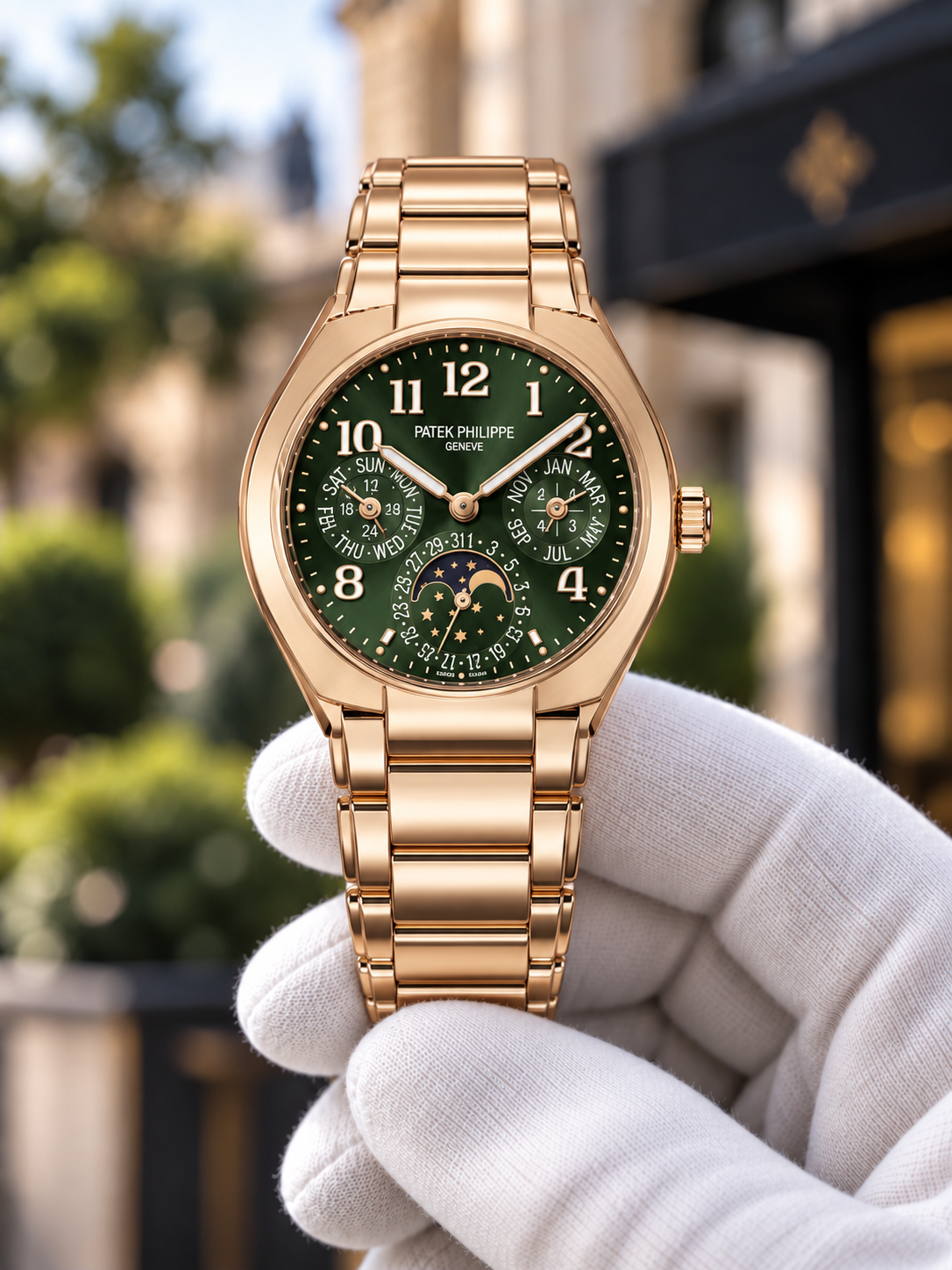 Rose-gold-tone Twenty~4 Perpetual Calendar-inspired watch with olive-green dial in a gloved hand