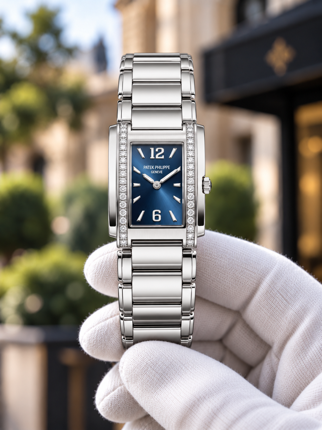 Steel-tone rectangular Twenty~4-inspired watch with blue dial in a gloved hand
