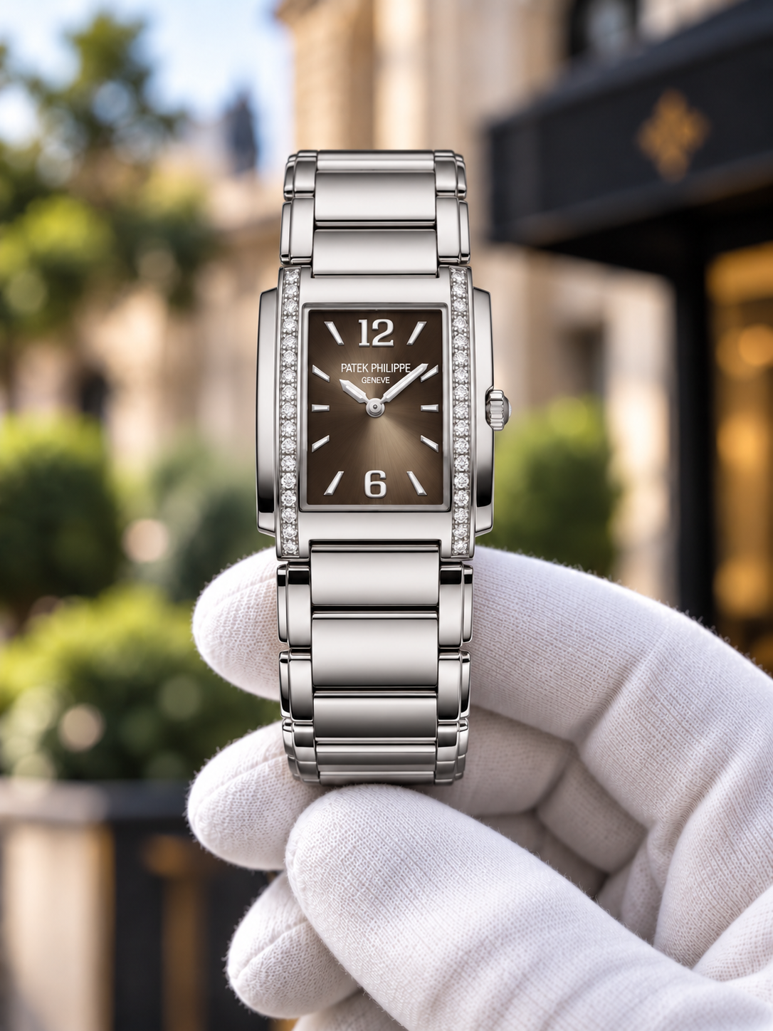 Steel-tone rectangular Twenty~4-inspired watch with brown dial in a gloved hand