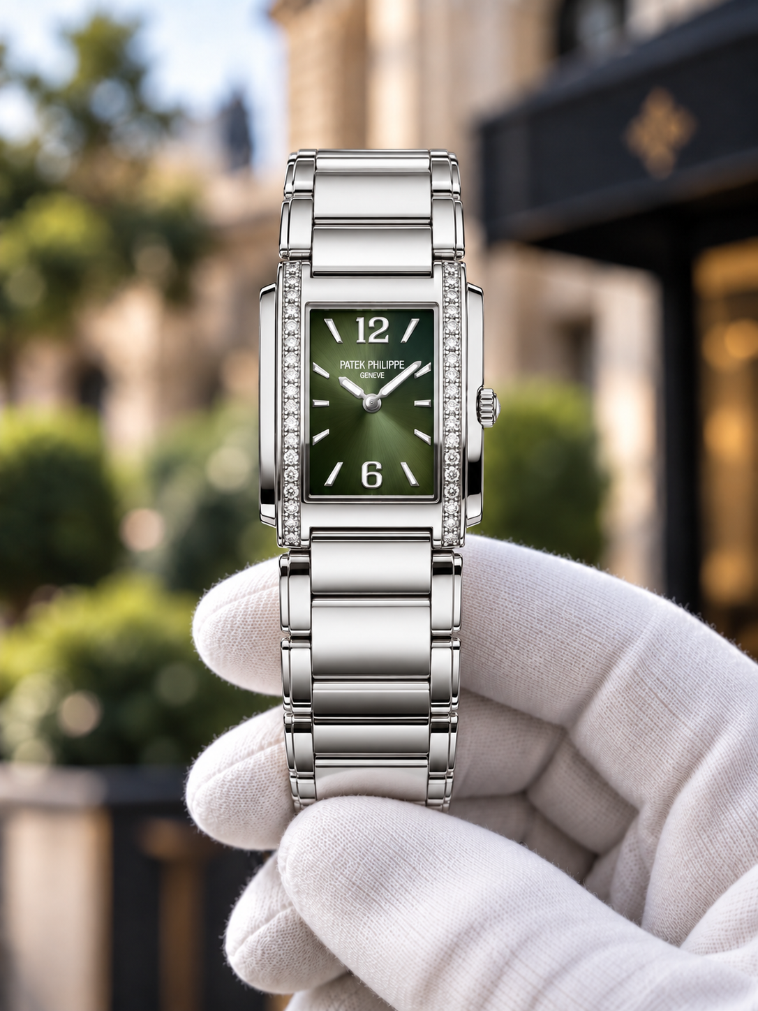 Steel-tone rectangular Twenty~4-inspired watch with olive-green dial in a gloved hand