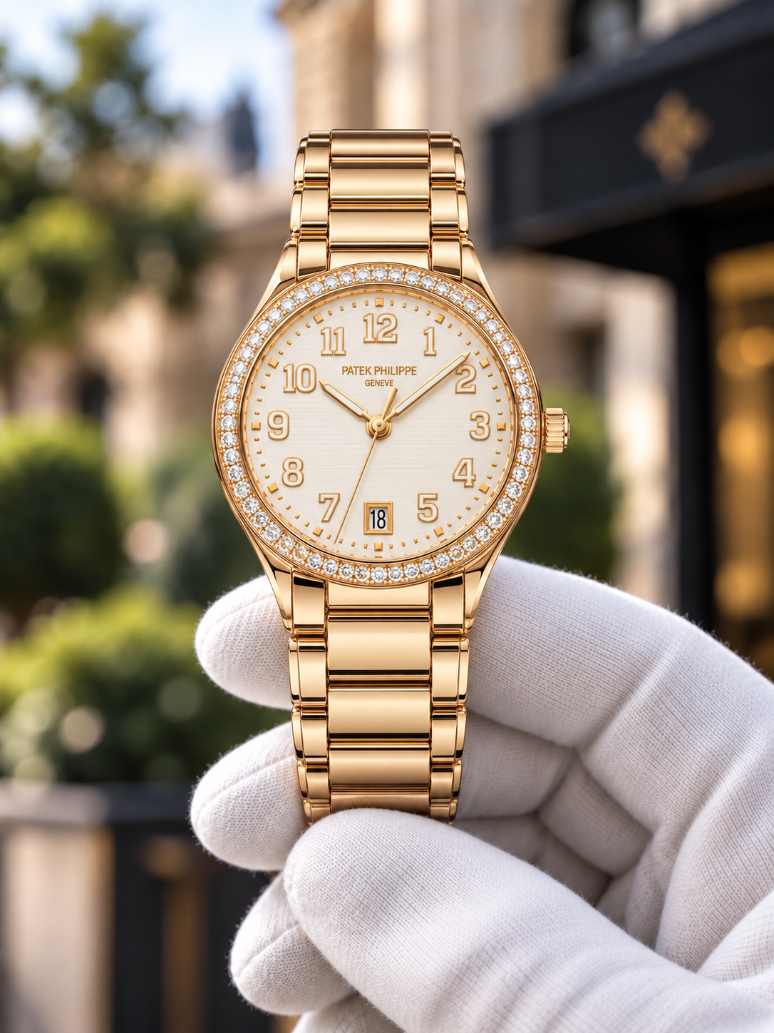 Rose-gold-tone Twenty~4-inspired watch with silvery dial in a gloved hand