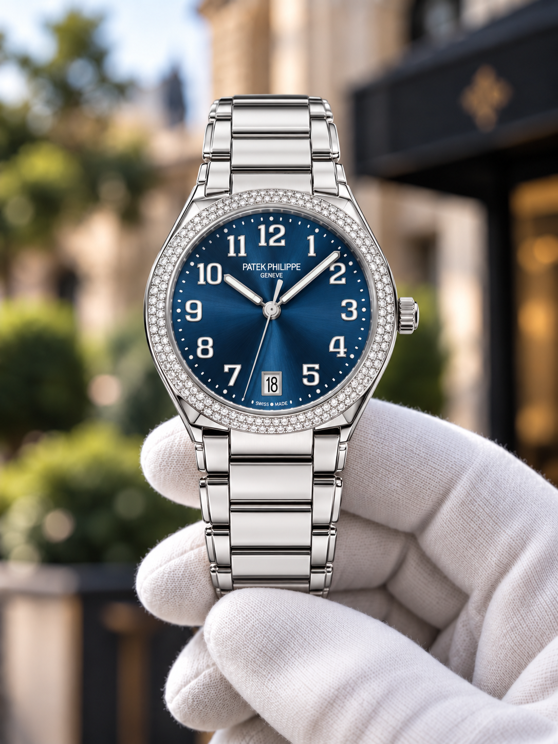 Steel-tone Twenty~4-inspired watch with blue dial in a gloved hand