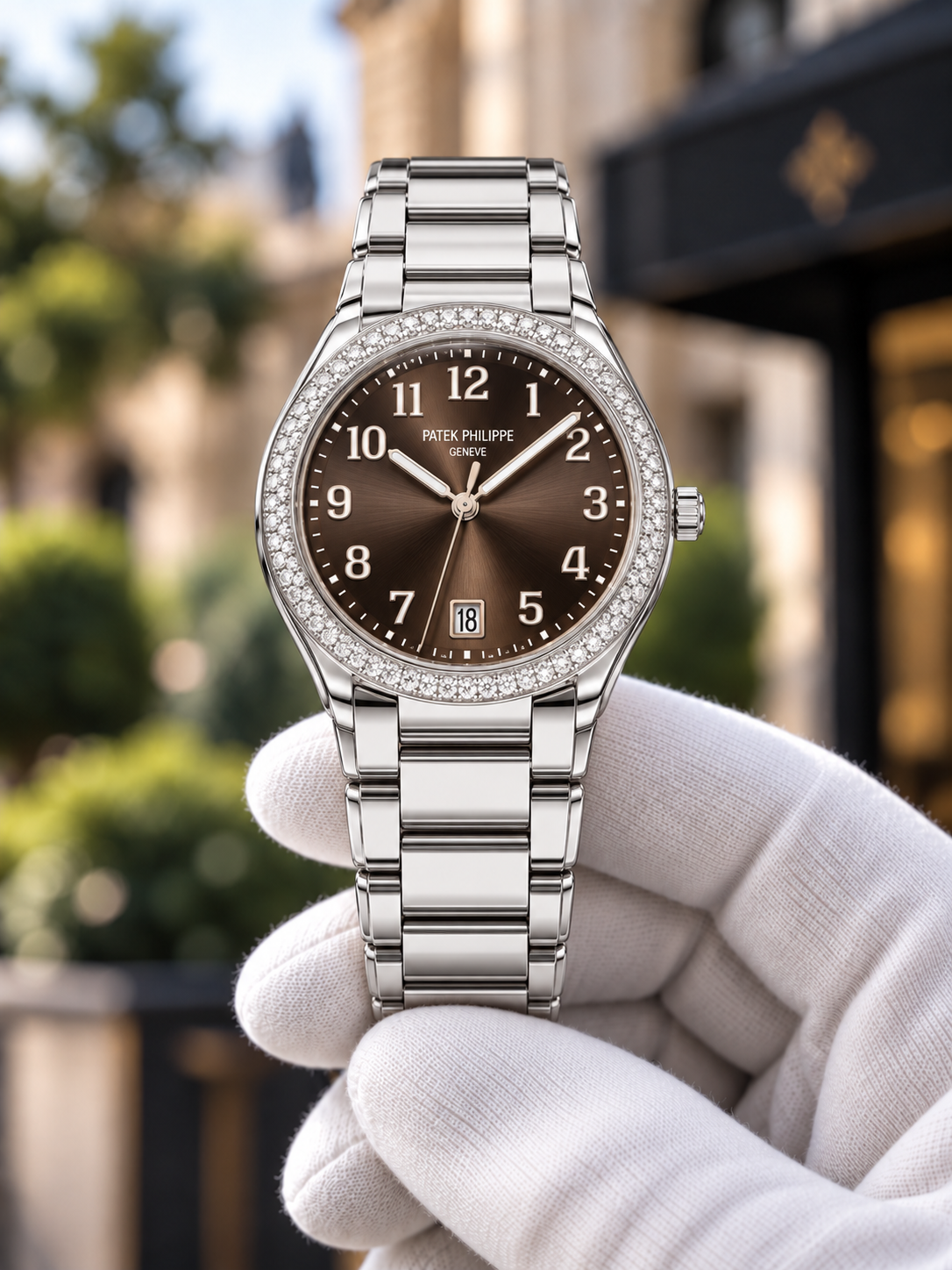 Steel-tone Twenty~4-inspired watch with brown dial in a gloved hand